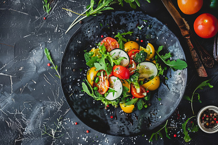 A black plate with a fresh salad top, a Photo by Iftikhar Alam