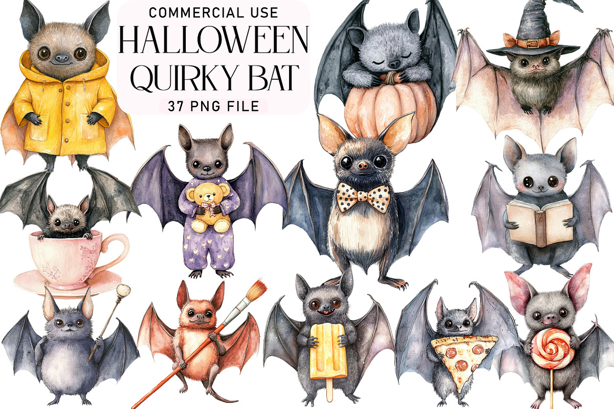 Watercolor Quirky Bat Clipart Bundle, an Illustration by Daily.Designs (Photo 1 of 3)