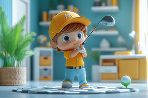 Young child practices golf swing in, a Photo by Tanuart