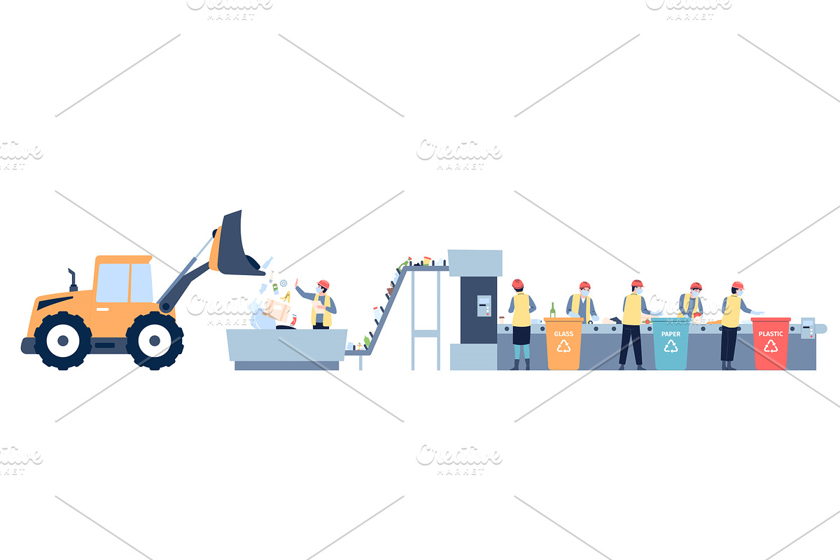 Garbage recycle on conveyor. Waste, an Illustration by LadadikArt