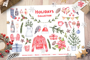 Christmas holidays. Watercolor set