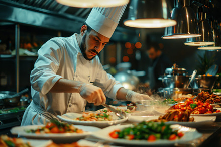 A dedicated chef expertly plates gou, a Photo by Tanuart