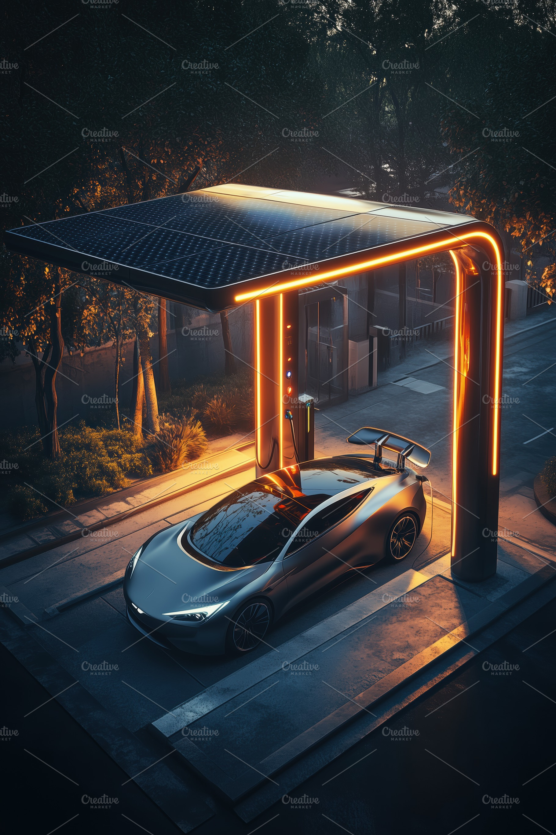 A sleek silver sports car parked at a modern solar-powered charging station, il, a Technology Photo by Textures & Backgrounds