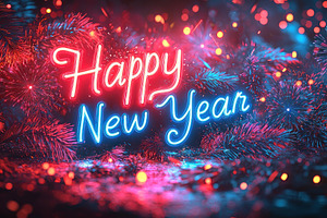 Happy new year neon sign in red and blue glowing lights with pin, a Background Photo by José Manuel Gelpi