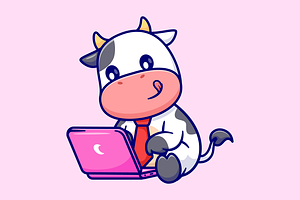 Cute Cow Working On Laptop Cartoon, an Animal Illustration by Catalyst Labs
