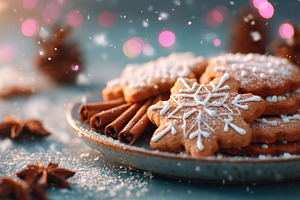 Festive gingerbread cookies on a wooden plate, a Food & Drink Photo by AlyaAnd