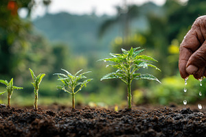 Hand watering young plants growing i, a Photo by Pixeness Studio