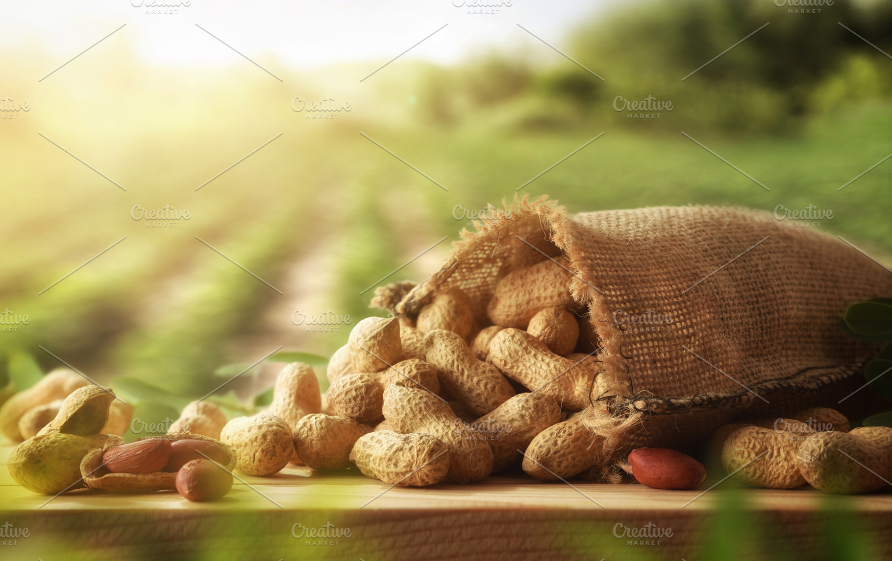 Sack full of peanuts on wooden table with background harvest, a Food & Drink Photo by Davizro's Market