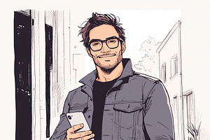 Portrait Of Stylish Man With Glasses And Smartphone In Urban Setting