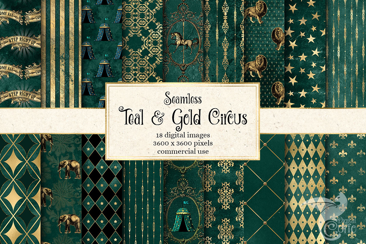 Teal and Gold Circus Digital Paper, a Pattern Graphic by Digital Curio