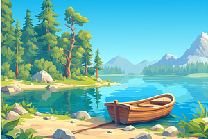 Cartoon wooden boat on the lake, an Illustration by LadadikArt