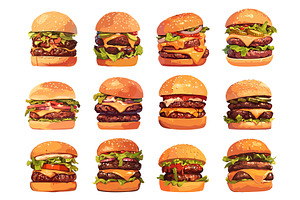Set of cartoon juicy burgers, a Food Illustration by LadadikArt