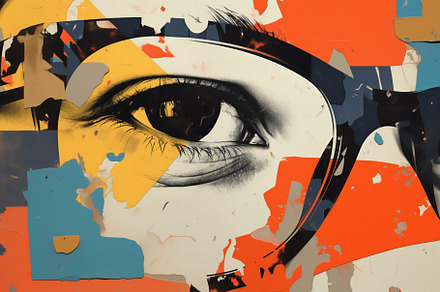 A close-up of an eye behind glasses, set against a colorful, abstract backgroun, a Wallpaper Graphic by Textures & Backgrounds