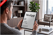 Men Holding Tablet Living Room PSD, an iPad Mockup by Bruno's Shop (Thumbnail 1 of 3)