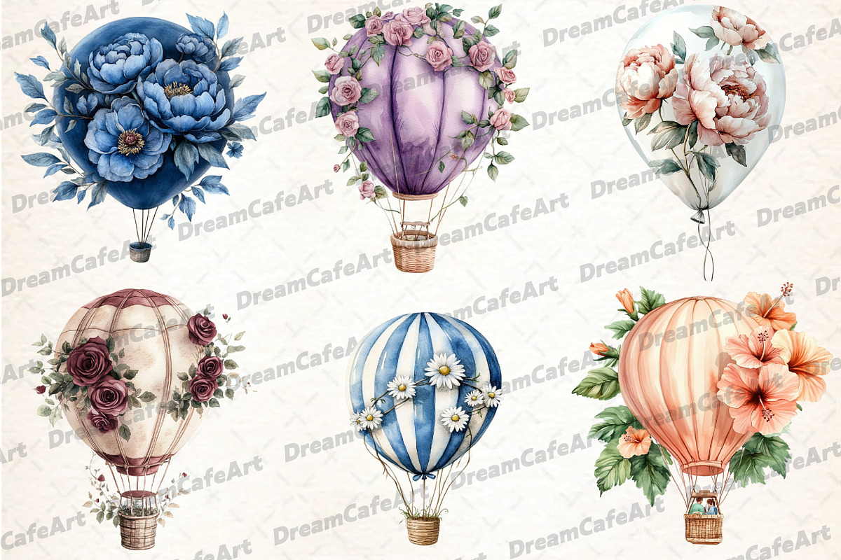 Floral Hot Air Balloons Clipart, an Illustration by DreamCafeArt (Photo 2 of 7)