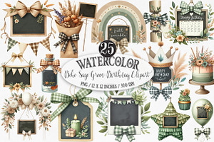 Boho Sage Green Birthday Clipart, an Illustration by Designking