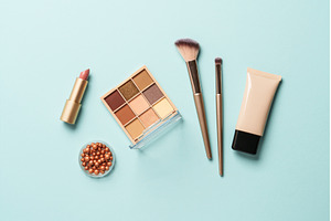 Beauty products on blue background., a Beauty & Fashion Photo by Nadia-nb
