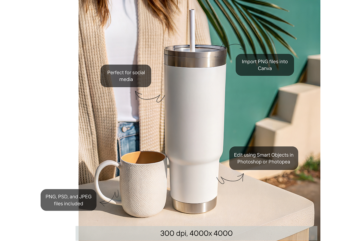 Travel Tumbler & Mug Scene PSD, a Product Mockup by MockupWizard (Photo 2 of 5)