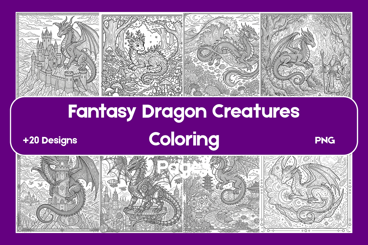 Fantasy Dragon Coloring Pages, an Animal Illustration by BerryPieArt (Photo 1 of 3)