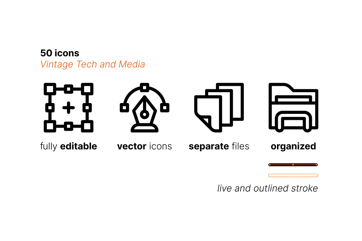 50 Vintage Technology & Media Icons, an Outline Icon by Side Project (Photo 3 of 7)