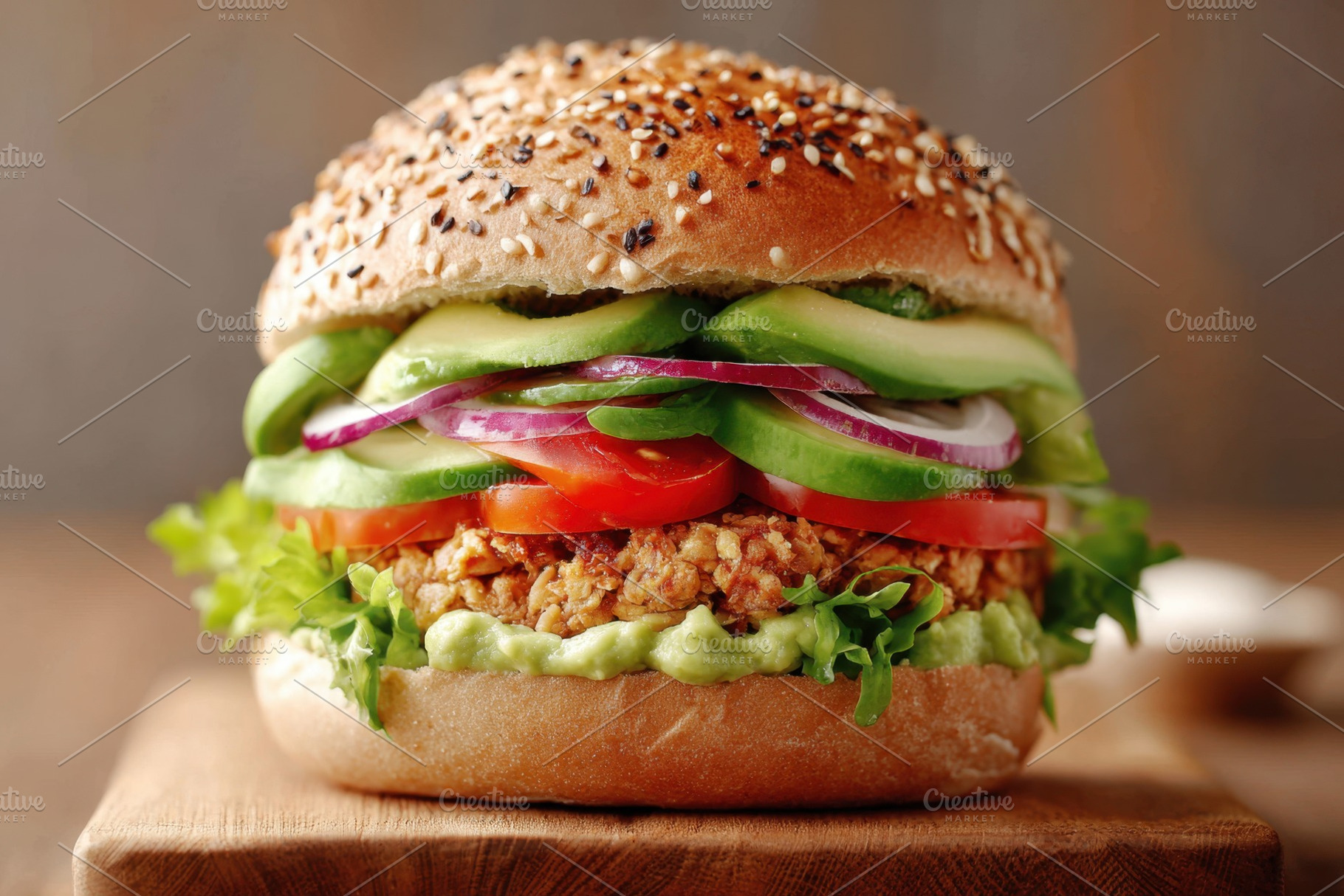 Colorful veggie burger with fresh toppings, a Food & Drink Photo by AlyaAnd