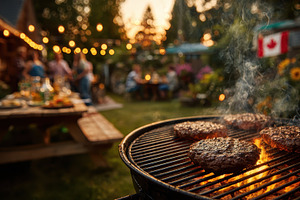 Backyard BBQ grilling burgers summer, a Photo by Pixeness Studio