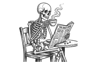 Skeleton Drinking Coffee Reading