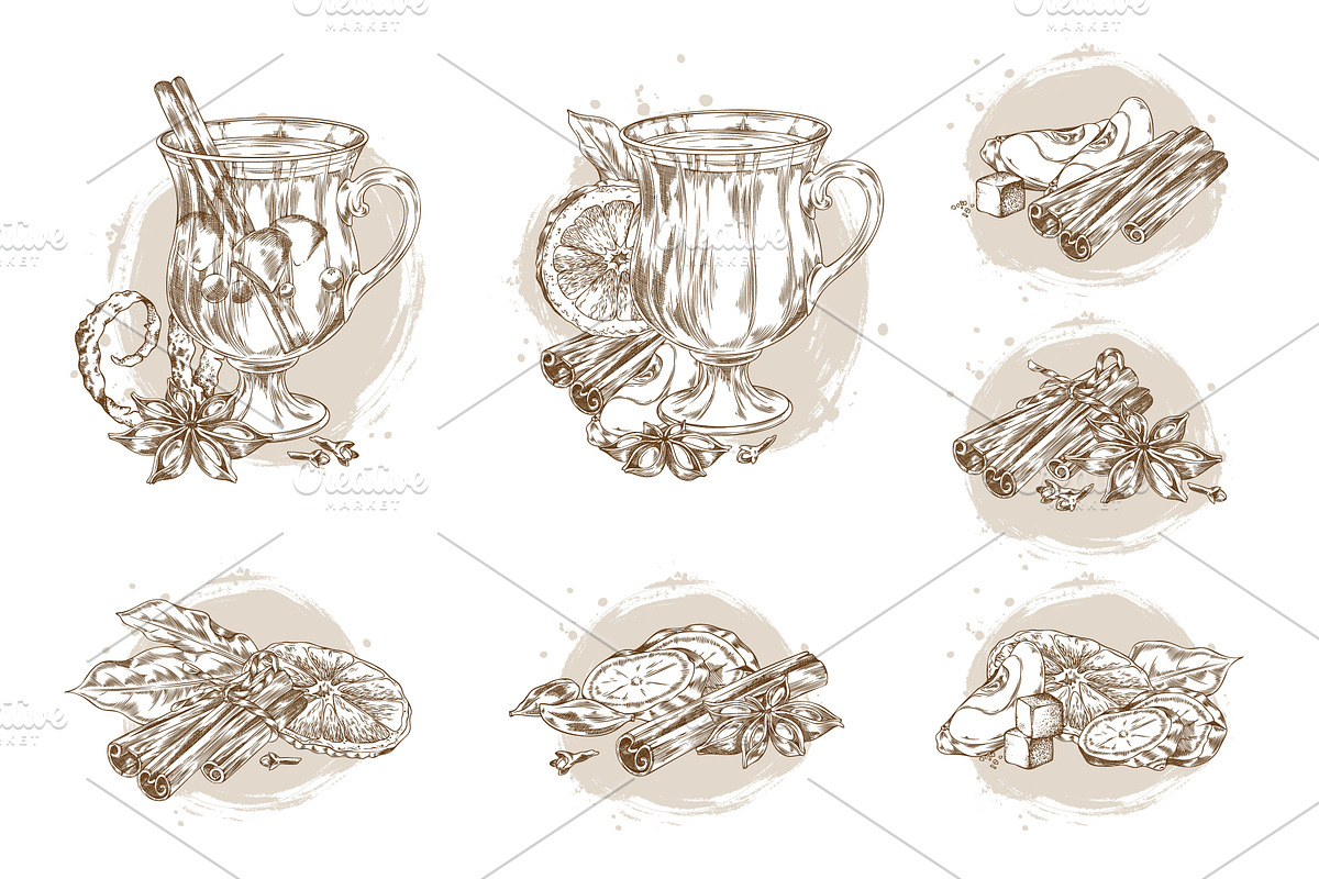 Hand drawn engraved glass of mulled, a Food Illustration by Sabelskaya