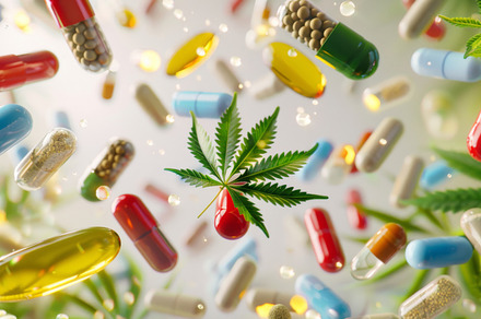 Colorful pills and cannabis leaves scattered on white background, a Photo by Dvoevnore photos