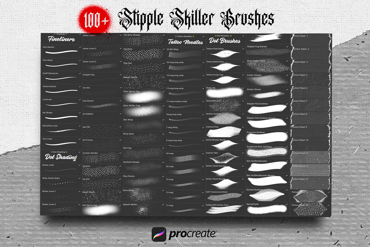 100+ Stipple Tattoo Brush Pack, a Brush Add-On by Torus1 (Photo 2 of 9)