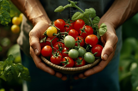 Fresh organic tomato and tomatoes cherry in farmers hands, a Food & Drink Photo by Natalia Klenova's Shop