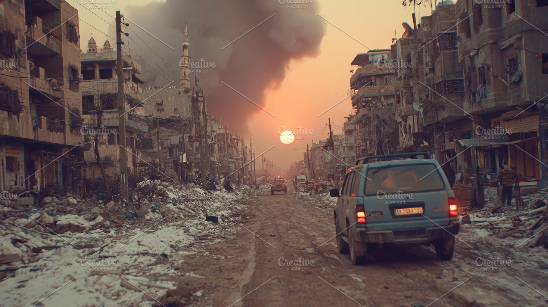 Damaged urban street at sunset in a war zone with destroyed buildings, smoke ri, a Photo by AS photostudio
