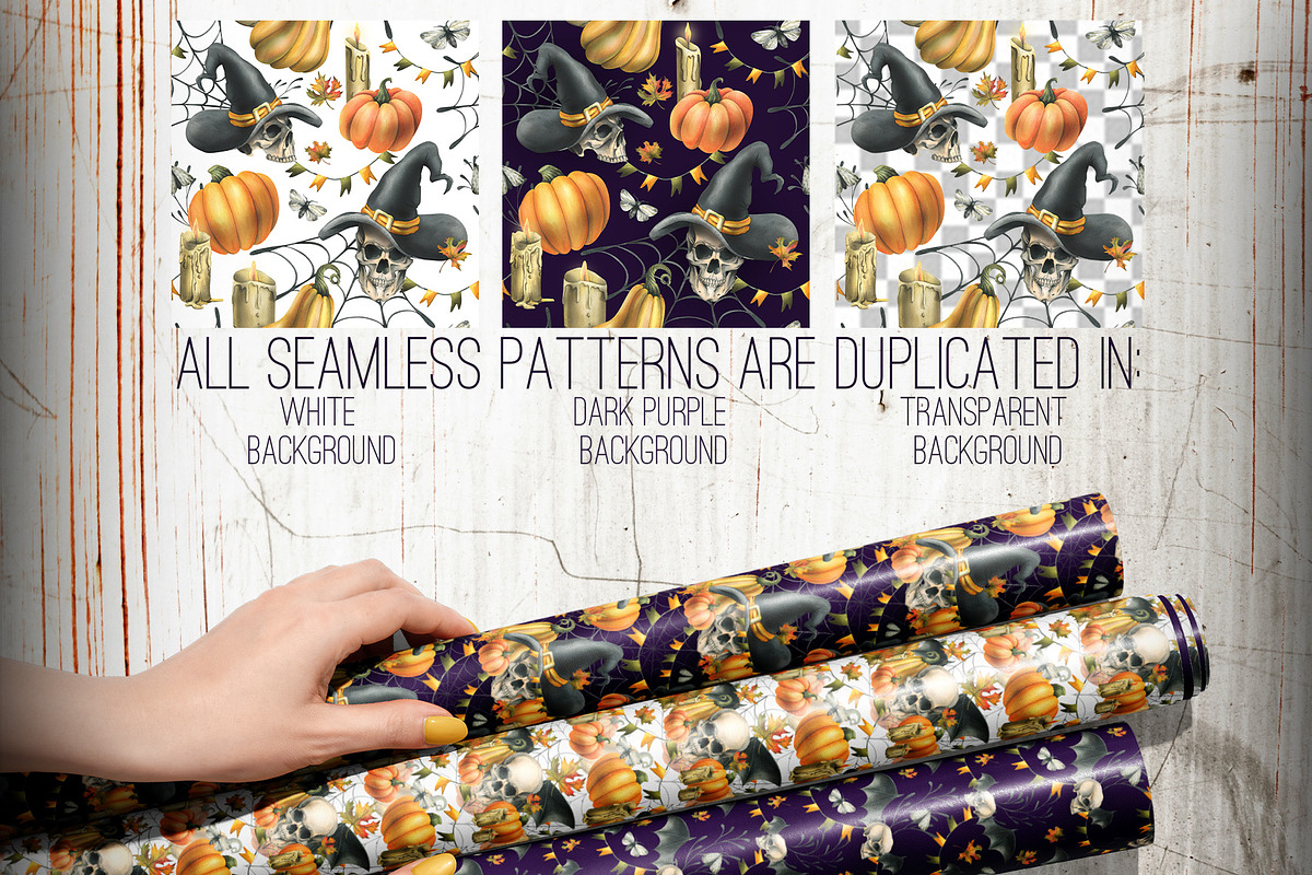 Halloween Skulls Seamless Patterns, an Illustration by NATASHA CHU (Photo 6 of 8)