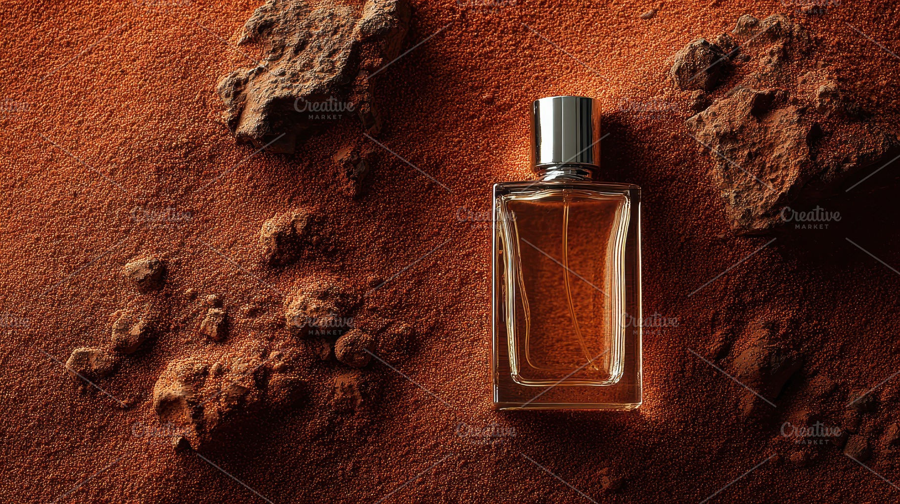 Glass bottle placed on orange dust, a Photo by Pavel_design