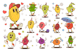Retro groovy fruit characters, a Food Illustration by Vector Tradition
