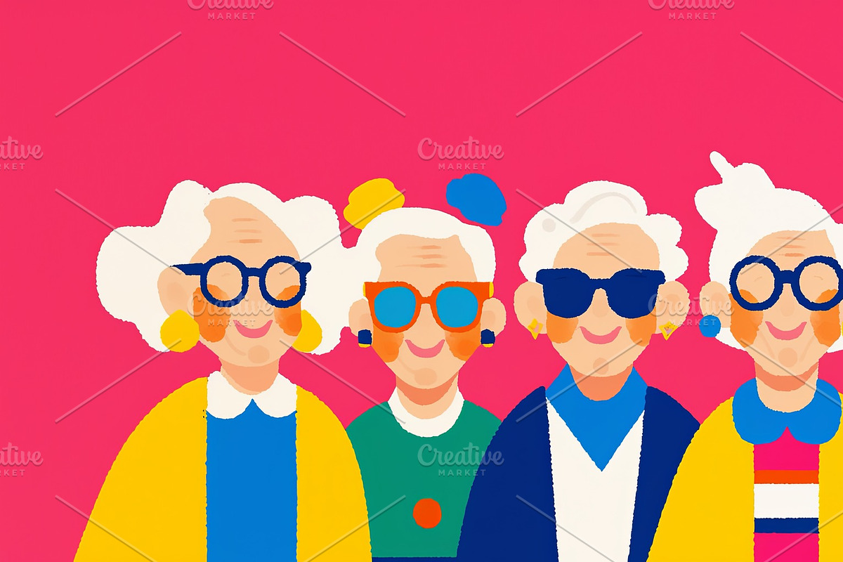 Colorful illustration of elderly friends enjoying vibrant moments together, an Illustration by AS photostudio