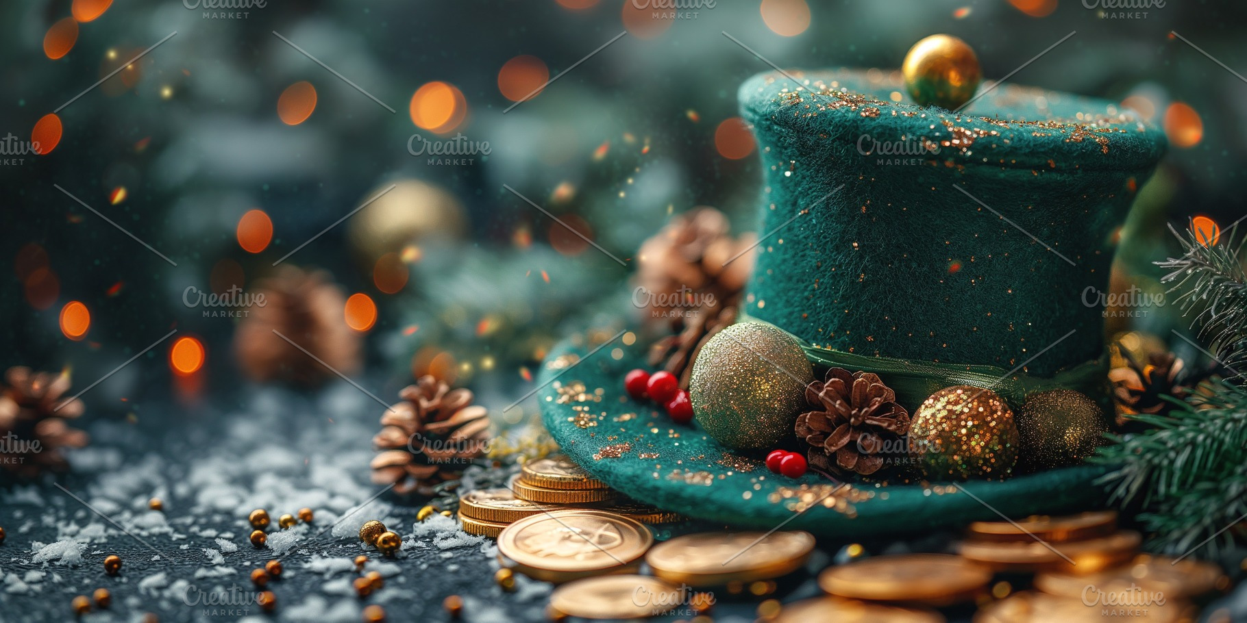 Festive green top hat adorned with decorations, surrounded by golden coins and, a Business Photo by ImageMir