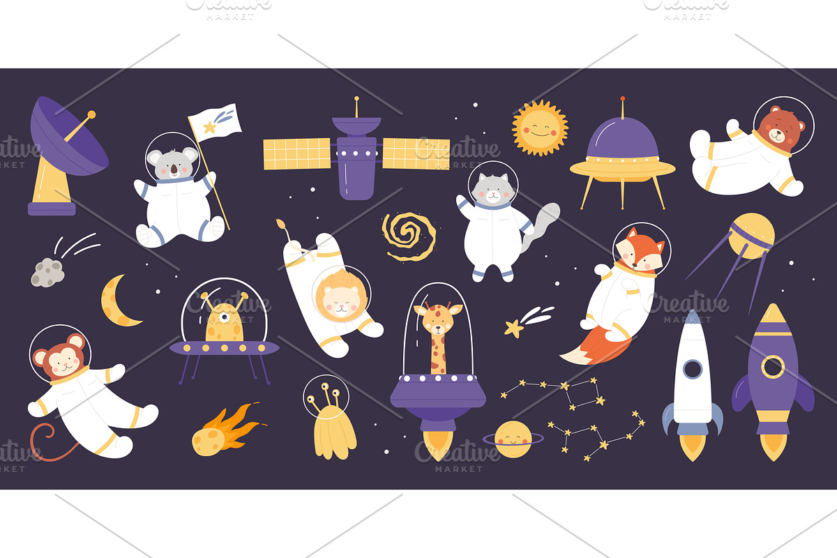 Cute astronaut animals in space, an Animal Illustration by Flashvector