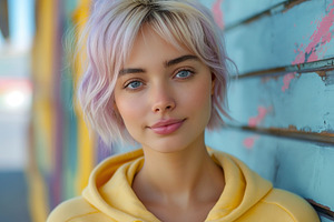 A young Caucasian woman with pastel pink hair smiles softly while wearing a yel, a Person Photo by ImageMir
