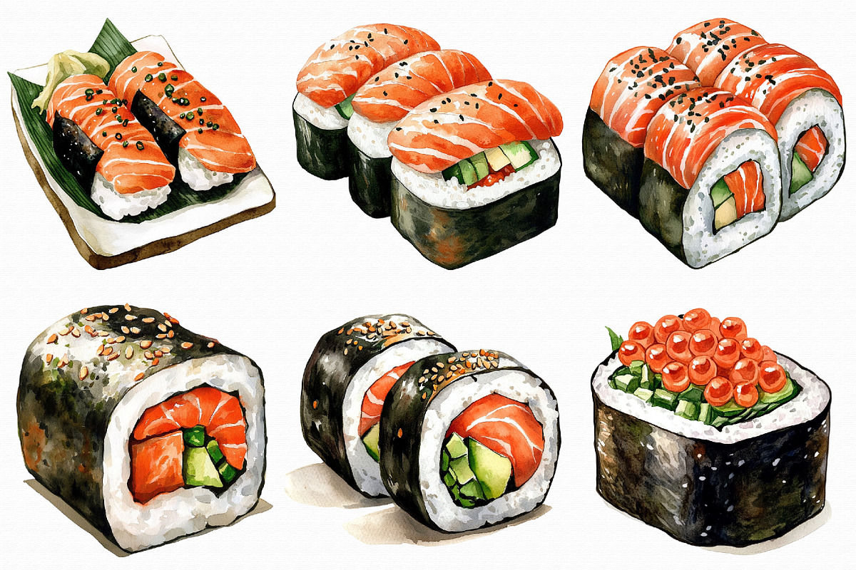Watercolor Sushi Clipart Bundle, an Illustration by Libby Wishes (Photo 2 of 7)