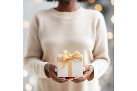 Black Woman Offering Gift Box with, a Holiday Photo by Lermont51