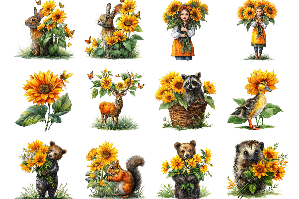 Cute Sunflower Whimsical Clipart, a Seasonal Illustration by Designking (Photo 2 of 5)