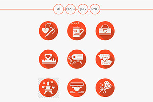 Love Red Round Flat Vector Icons Set