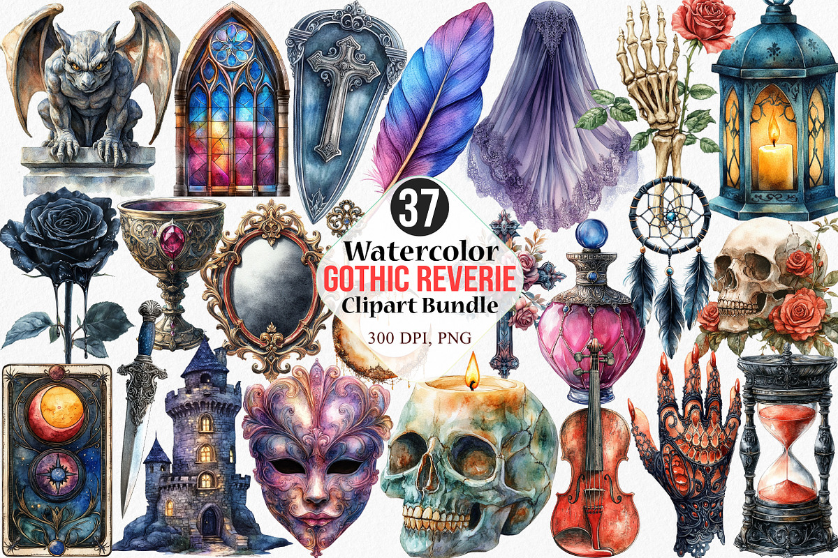 Watercolor Gothic Reverie Clipart, an Illustration by Canvas Craft (Photo 1 of 7)