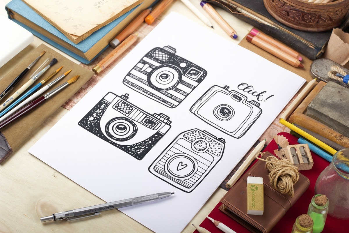 Hand drawn camera set +patterns, an Outline Icon by Hala