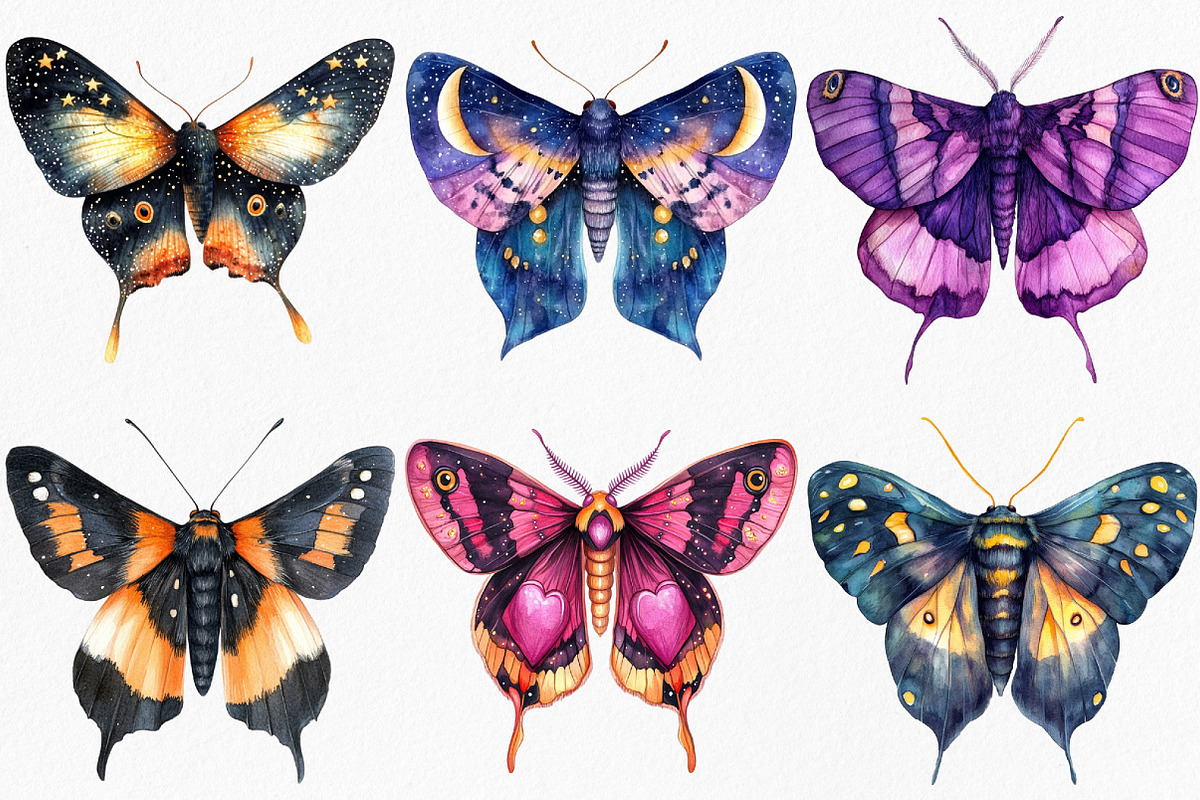Watercolor Night Moths Clipart, an Illustration by Canvas Craft (Photo 4 of 8)