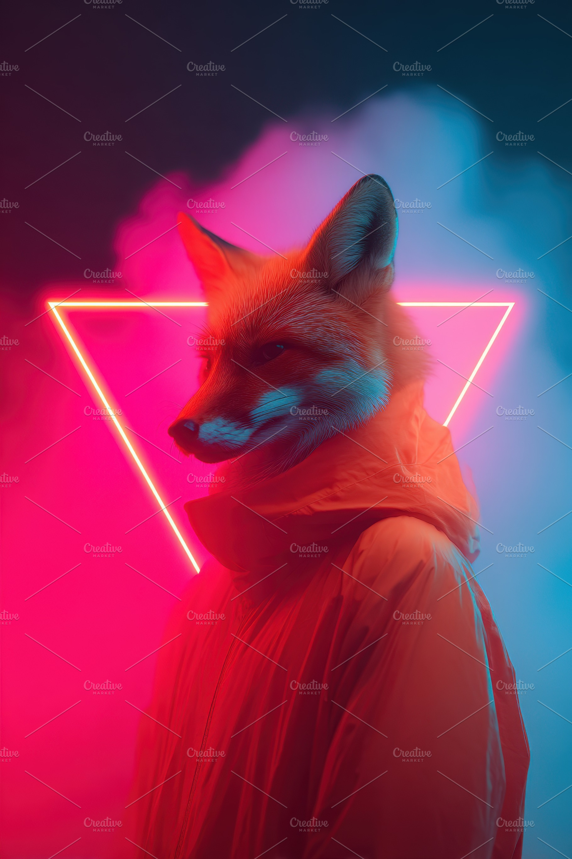 Humanoid figure with fox mask in neon lights, an Animal Photo by AlyaAnd