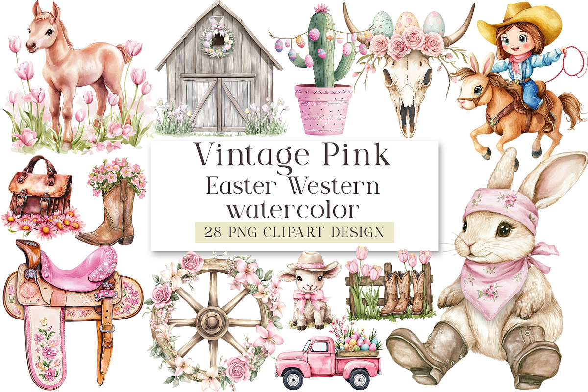 Vintage Pink Easter Western Clipart, a Seasonal Illustration by DreamArtGraphic (Photo 1 of 4)