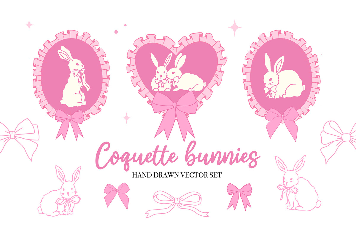 Coquette Bunnies hand drawn vectors, an Animal Illustration by yabluko_draws (Photo 1 of 6)