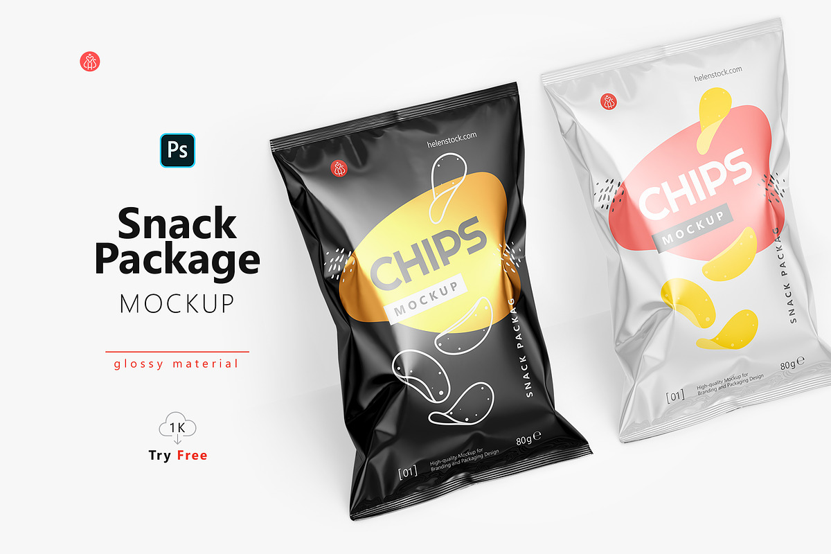 Tilted Glossy Snack Package Mockup, a Packaging Mockup by HelenStock (Photo 1 of 8)